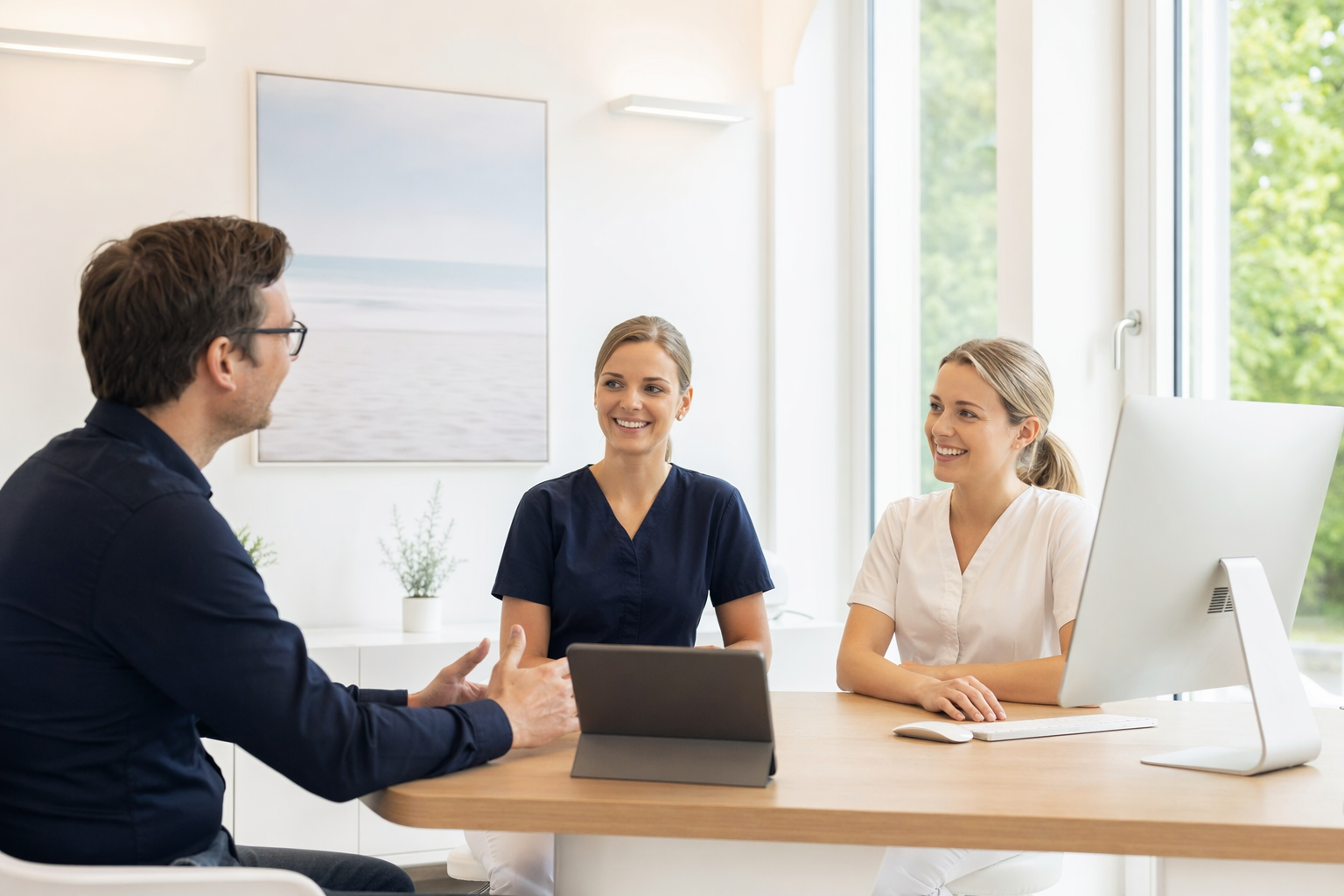 tomedo® Partner Beratung in moderner Arztpraxis mit Mac und iPad