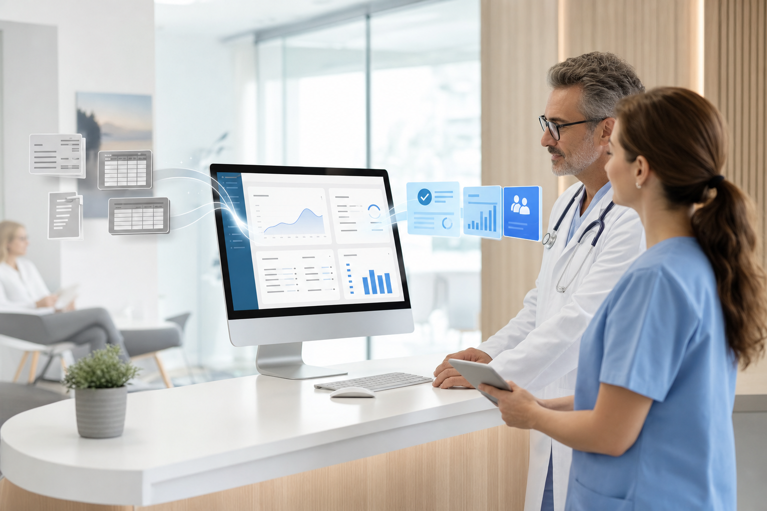 Moderne Arztpraxis beim Wechsel zu tomedo® Praxissoftware mit Mac-Arbeitsplatz